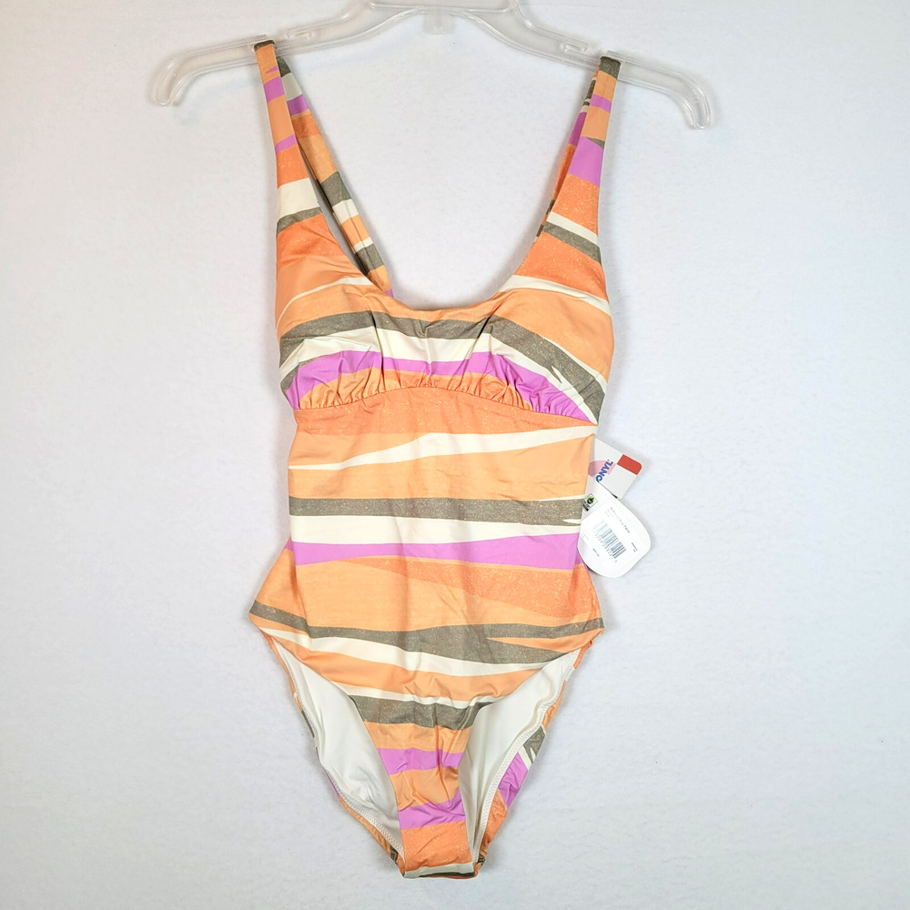 pRana Womens Mallorca One Piece Swimwear Size XS Orange Striped Adjustable